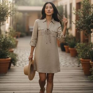 Tommy Bahama Women Size XS Brown Linen Collared Shirt Dress Roll-Tab Sleeve